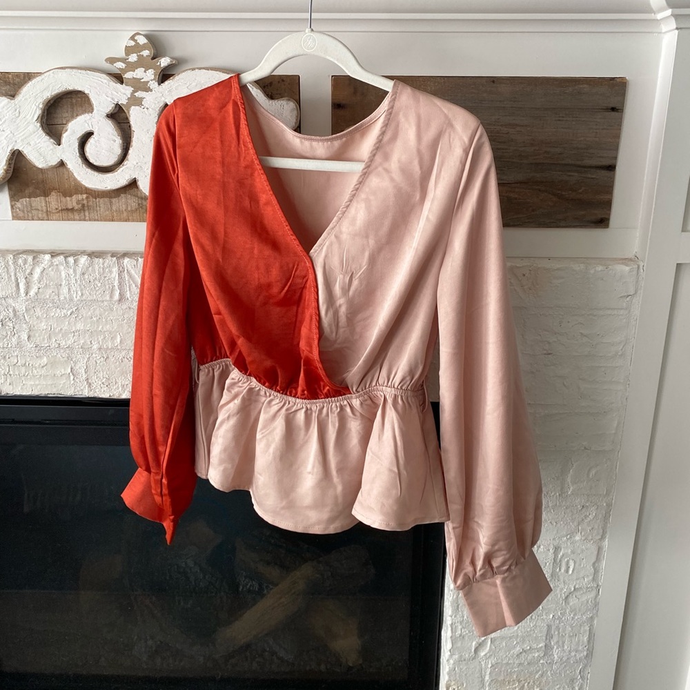 SHEIN Red and Pink Wrap Blouse